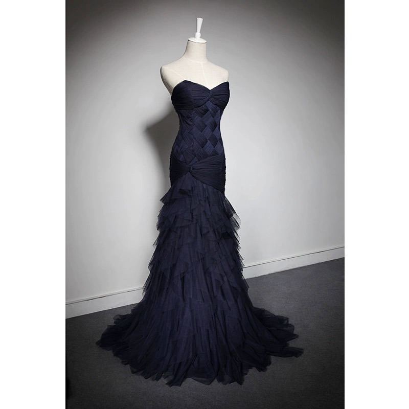 Real Pictures Dark Navy Evening Dresses Mermaid Prom Party Dresses Lace-up Back Layers Tulle Sweep Train