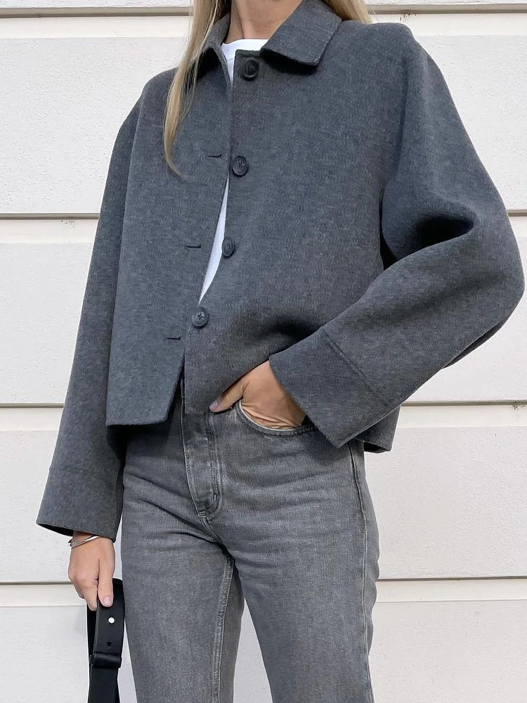 Vintage Solid Cropped Woolen Jacket For Woman Long Sleeve Lapel Short Coats Female Autumn High Street Lady Chic Outerwear 240118