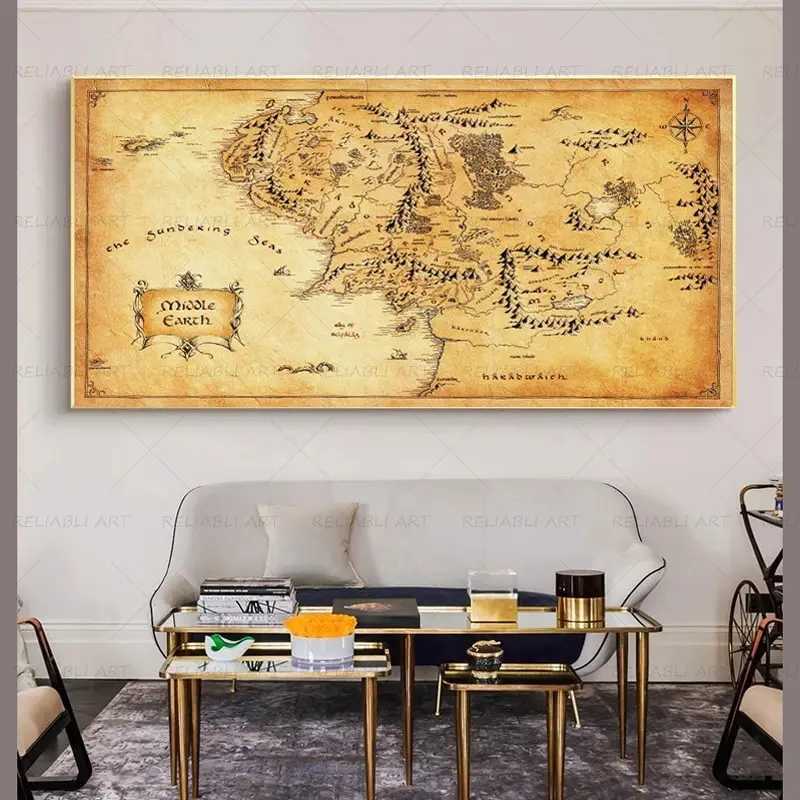 Paintings Retro The-Lord-of-Rings Map Canvas Painting Vintage Middle-earth Map Poster Movie Wall Art Pictures for Home Living Room Decor