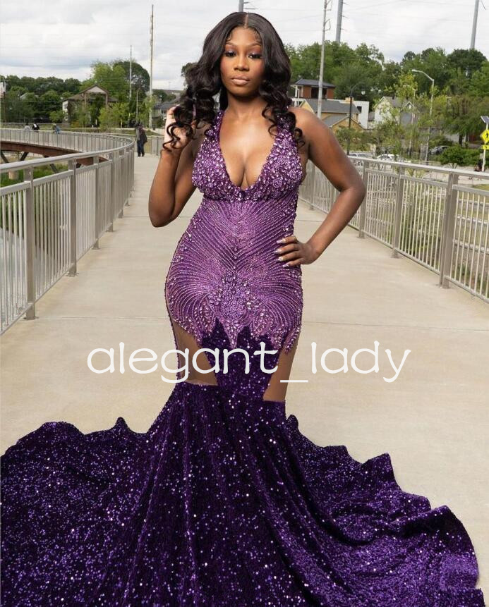 Grape Purple Sparkly Trumept Evening Celebrity Dresses for Women Luxury Crystal Velvet Prom Gown robe de soiree black girl