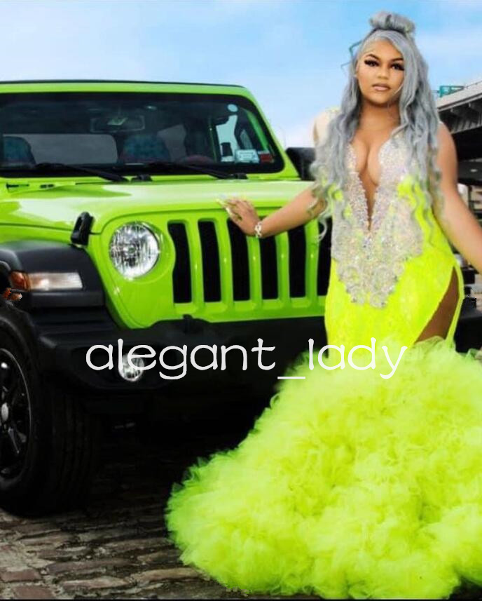 Lemon Green Sparkly Prom Ceremony Dresses for Women Luxury Diamond Crystal Ruffles Skirt Evening Gown vestidos de fiesta