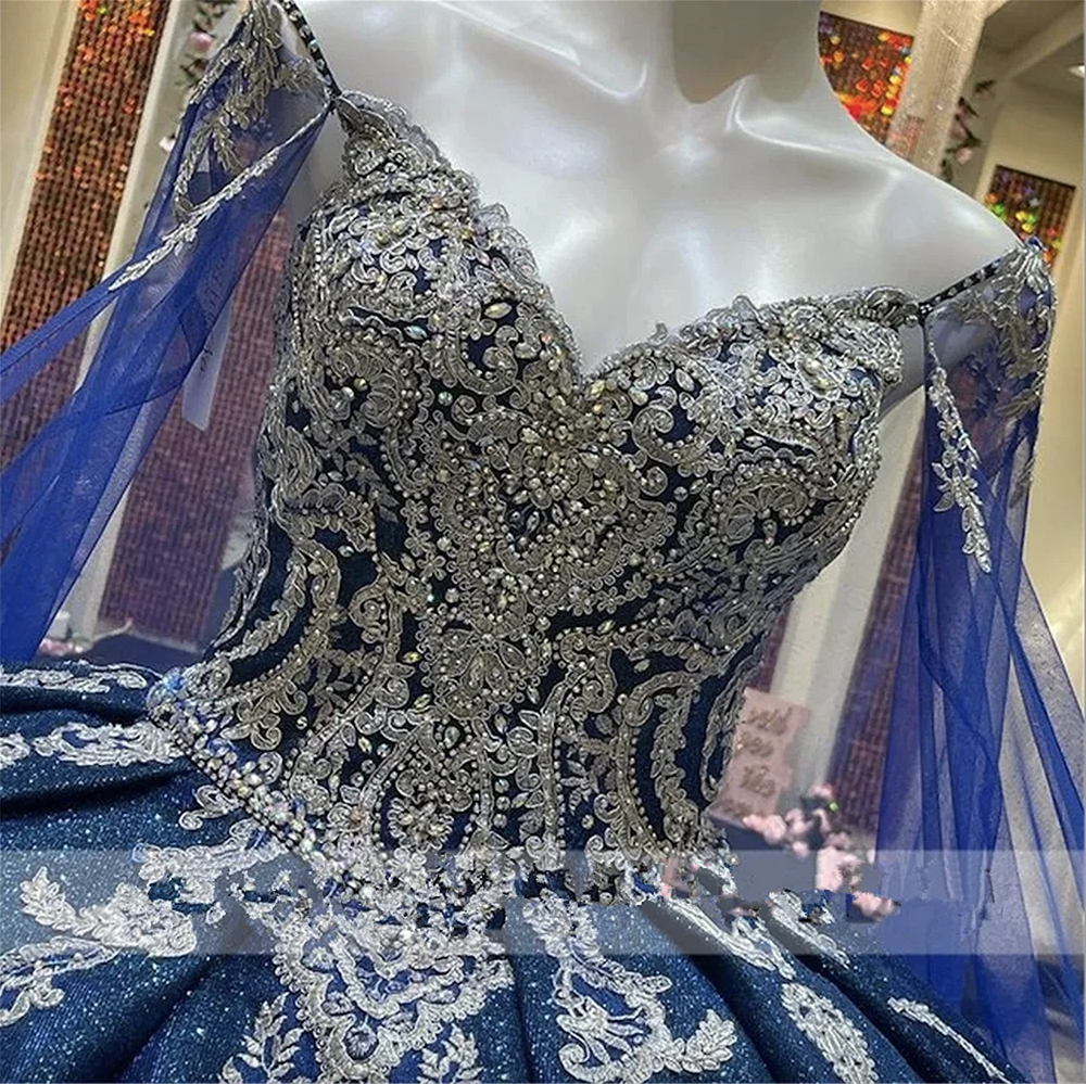 Blue Quinceanera Royal Dresses Cathedral Train Prom Graduation Gowns with Cape Lace Up Princess Beaded Sweet 15 16 Dress Robe