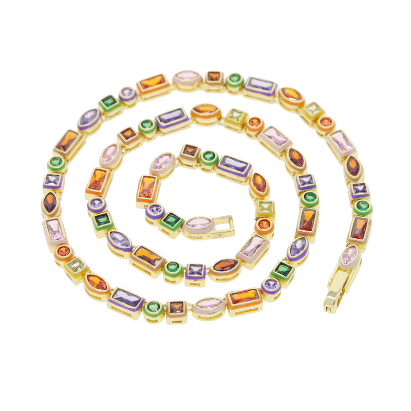 Rainbow Tennis Chain Choker Necklace: Iced Out Zircon Cubic Zirconia Gold Plated Jewelry 2e45