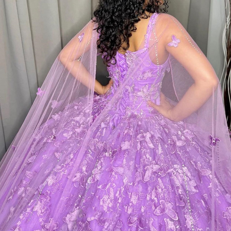 Lavender Sweetheart Ball Gown Quinceanera Dresses 2024 Lace Bow Beads Tull With Cape Sweet Corset vestidos de 15