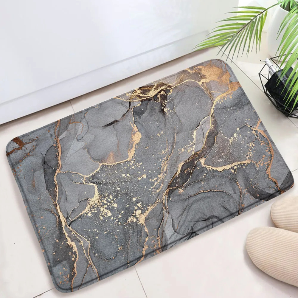 Marble Textured Bath Mat Black White Bathroom Rugs Flannel Anti-Slip Home Decor Bathroom Accessories Sets Floor Doormat Carpet 240122