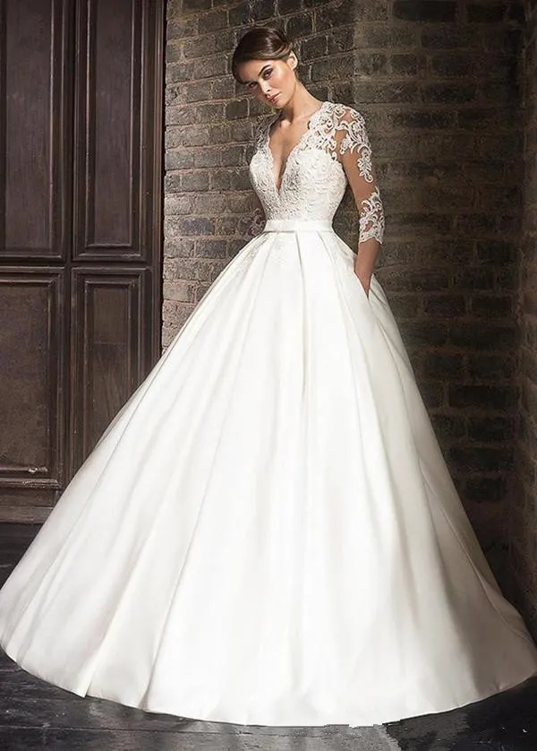 V Neck Satin A-line Wedding Dresses Sheer Long Sleeves Tulle Lace Applique Sweep Train Wedding Bridal Gowns With Pockets