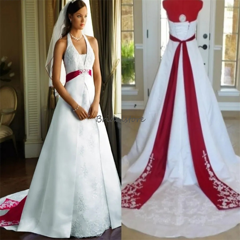 Victorian White With Red Gothic Wedding Dresses Chic Halter V Neck Lace Satin Rustic Country Bridal Dresses With Sash Fantasy Medieval Robe De Mariee 