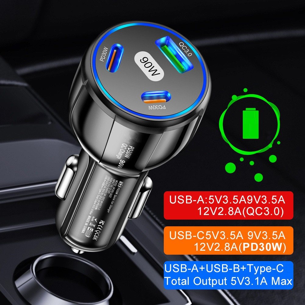 Fast Quick Charging 90W 2*PD30W 3 Ports Type c USB C Car Charger Power Adapters For Ipad 2 3 4 Iphone 13 14 15 Samsung S23 S24 Htc lg Android phone