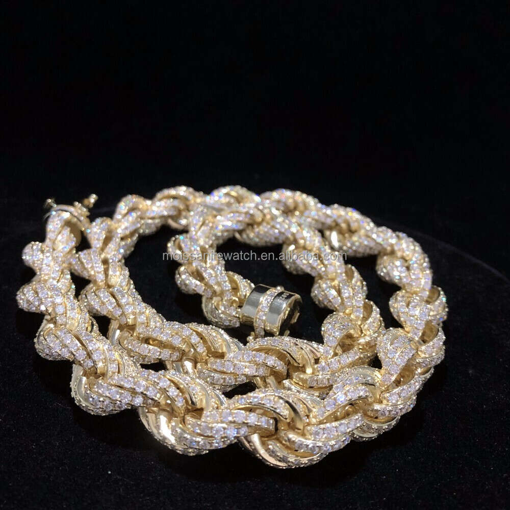 Custom Hiphop 12mm Fried Dough Twists Rope Chain Necklace 925 Sterling Silver Electroplated 14k Gold Jewelry Moissanite Necklace