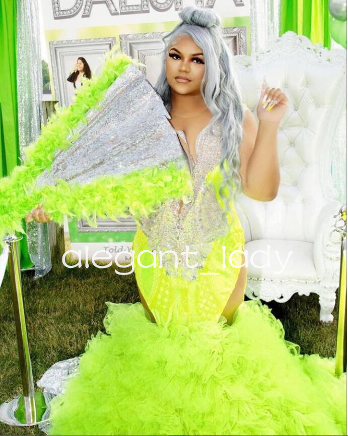 Lemon Green Sparkly Prom Ceremony Dresses for Women Luxury Diamond Crystal Ruffles Skirt Evening Gown vestidos de fiesta