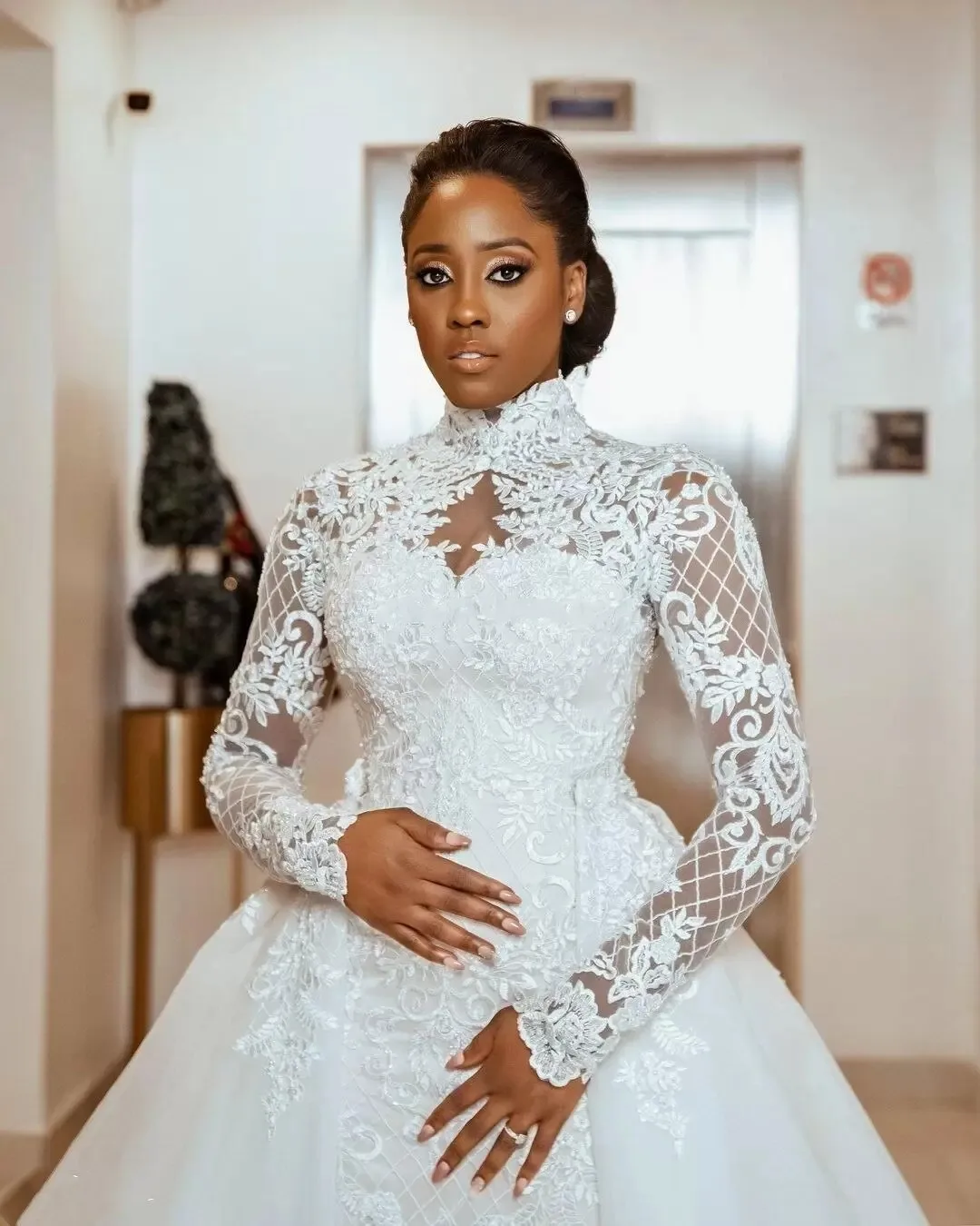Graceful Lace Mermaid Wedding Dresses High Neck Plus Size Bridal Gowns Detachable Train Appliques Long Sleeves Arabic Vestido De Novia