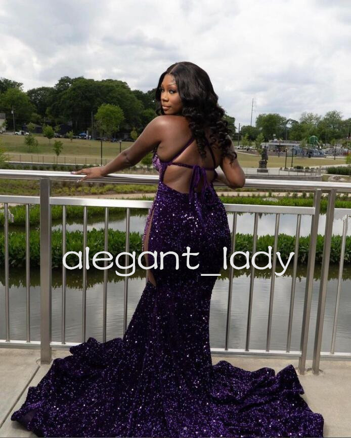 Grape Purple Sparkly Trumept Evening Celebrity Dresses for Women Luxury Crystal Velvet Prom Gown robe de soiree black girl