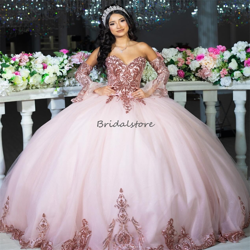 Glitter Pink Quinceanera Dresses With Sleeves Sweetheart Ball Gown Sequin Fifteen Birthday Party Dress Vestidos De xv 15 Anos 2024 Corset Princess Swe