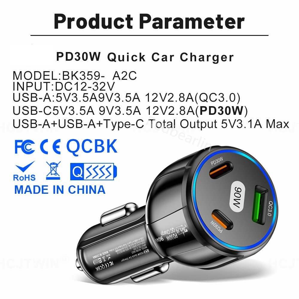 Fast Quick Charging 90W 2*PD30W 3 Ports Type c USB C Car Charger Power Adapters For Ipad 2 3 4 Iphone 13 14 15 Samsung S23 S24 Htc lg Android phone