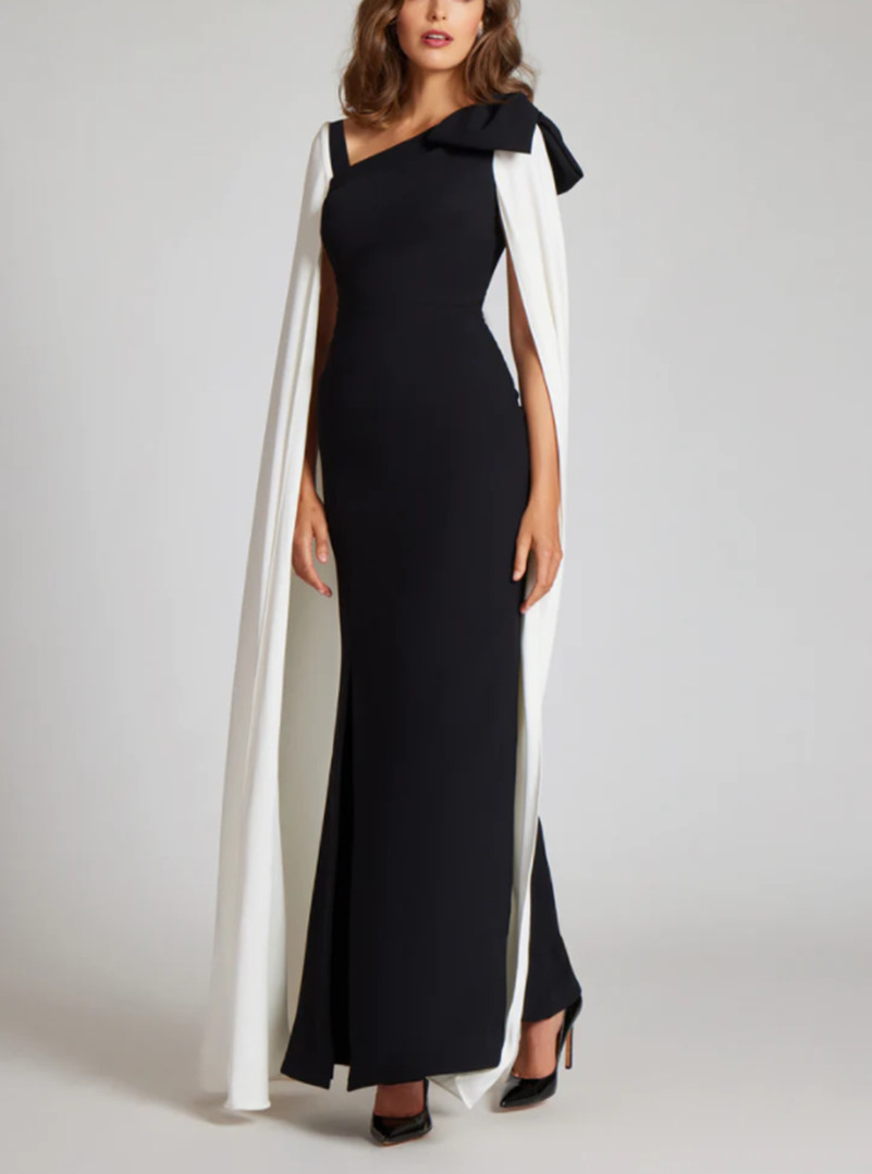 Vintage Long Black One Shoulder Mother of the Bride Dresses With Slit/Bow/Cape Mermaid Pleated Ankle Length Mom of The Groom Dress Godmother Dress for