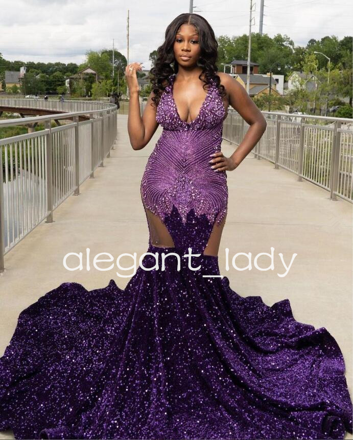 Grape Purple Sparkly Trumept Evening Celebrity Dresses for Women Luxury Crystal Velvet Prom Gown robe de soiree black girl