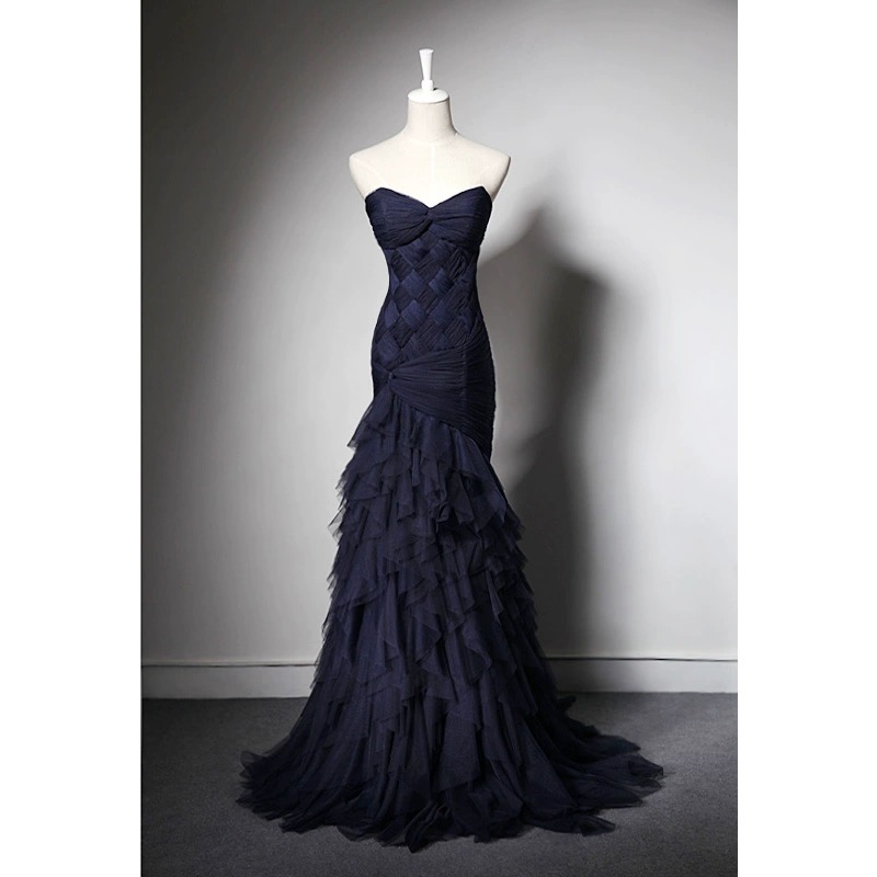 Real Pictures Dark Navy Evening Dresses Mermaid Prom Party Dresses Lace-up Back Layers Tulle Sweep Train