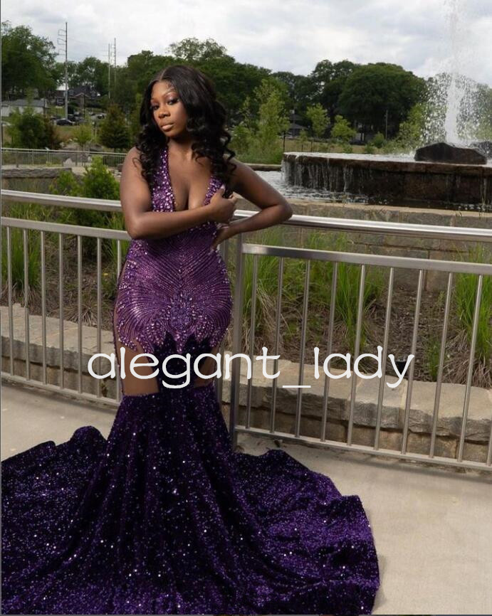 Grape Purple Sparkly Trumept Evening Celebrity Dresses for Women Luxury Crystal Velvet Prom Gown robe de soiree black girl