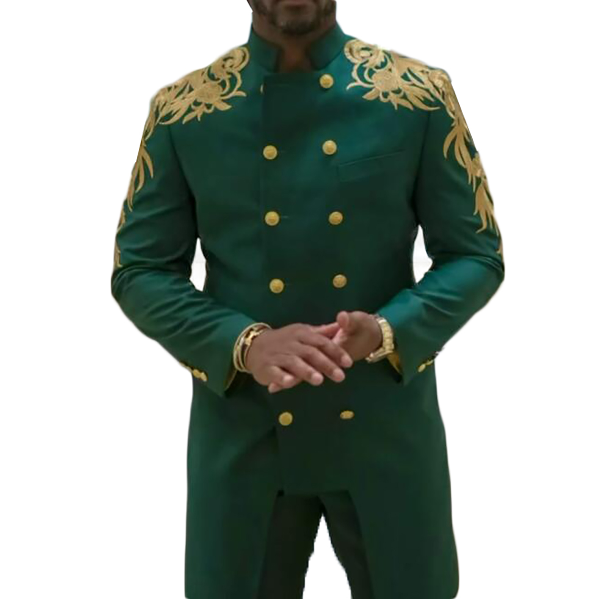 Green Groom Wedding Tuxedos Gold Appliques Stand Collar Double Breasted Mens Party Birthday Formal Wear 2 Pieces Pants Suits