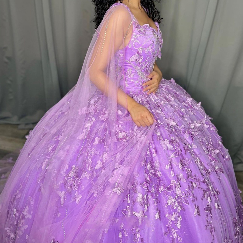 Lavender Sweetheart Ball Gown Quinceanera Dresses 2024 Lace Bow Beads Tull With Cape Sweet Corset vestidos de 15