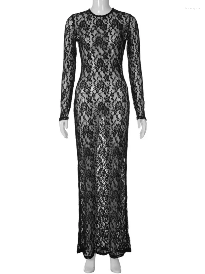 Casual Dresses Woman Sexy Hollow Out Lace 2024 Fashion O-neck See Through Slim Long Dress Black White Night Club Outfit Streetwear