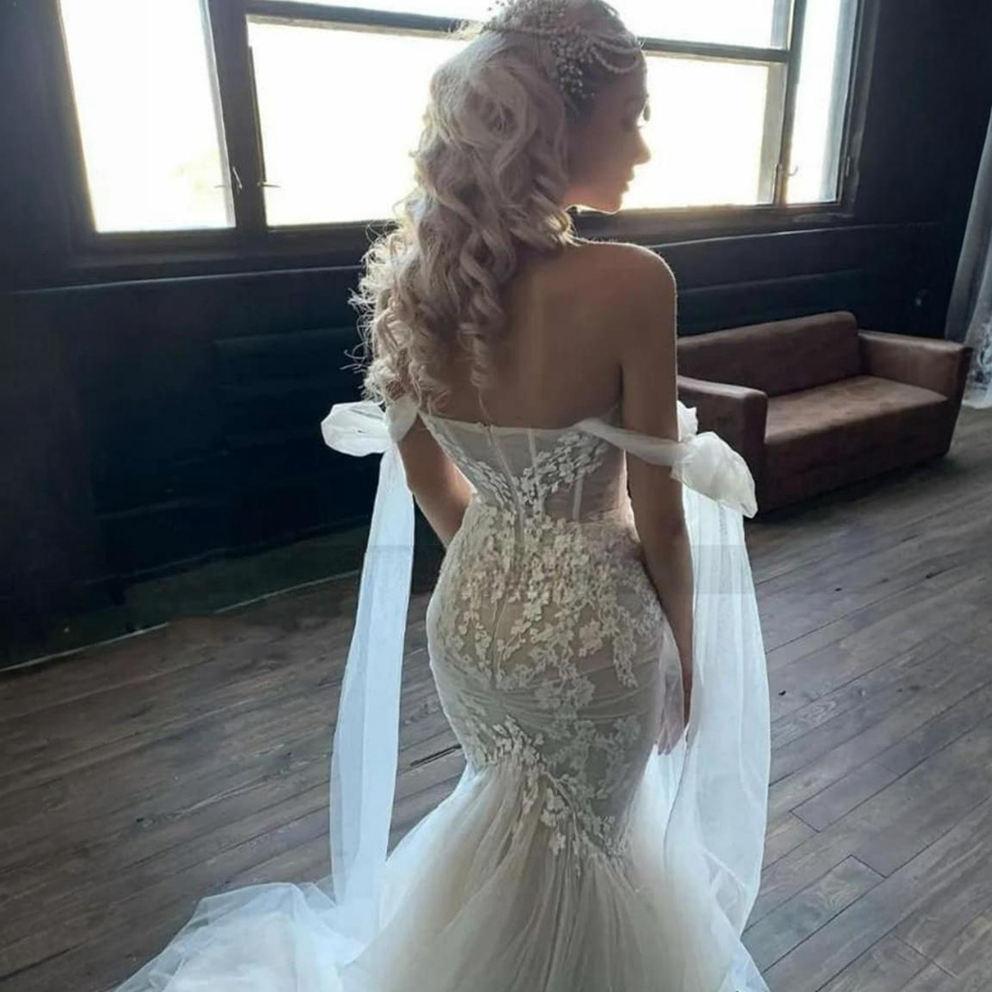 R&W Boho Mermaid Bride Illusion Off Shoulder Bridal for Black Women Girls Tulle Marriage Dress Beach Wedding Gowns D123