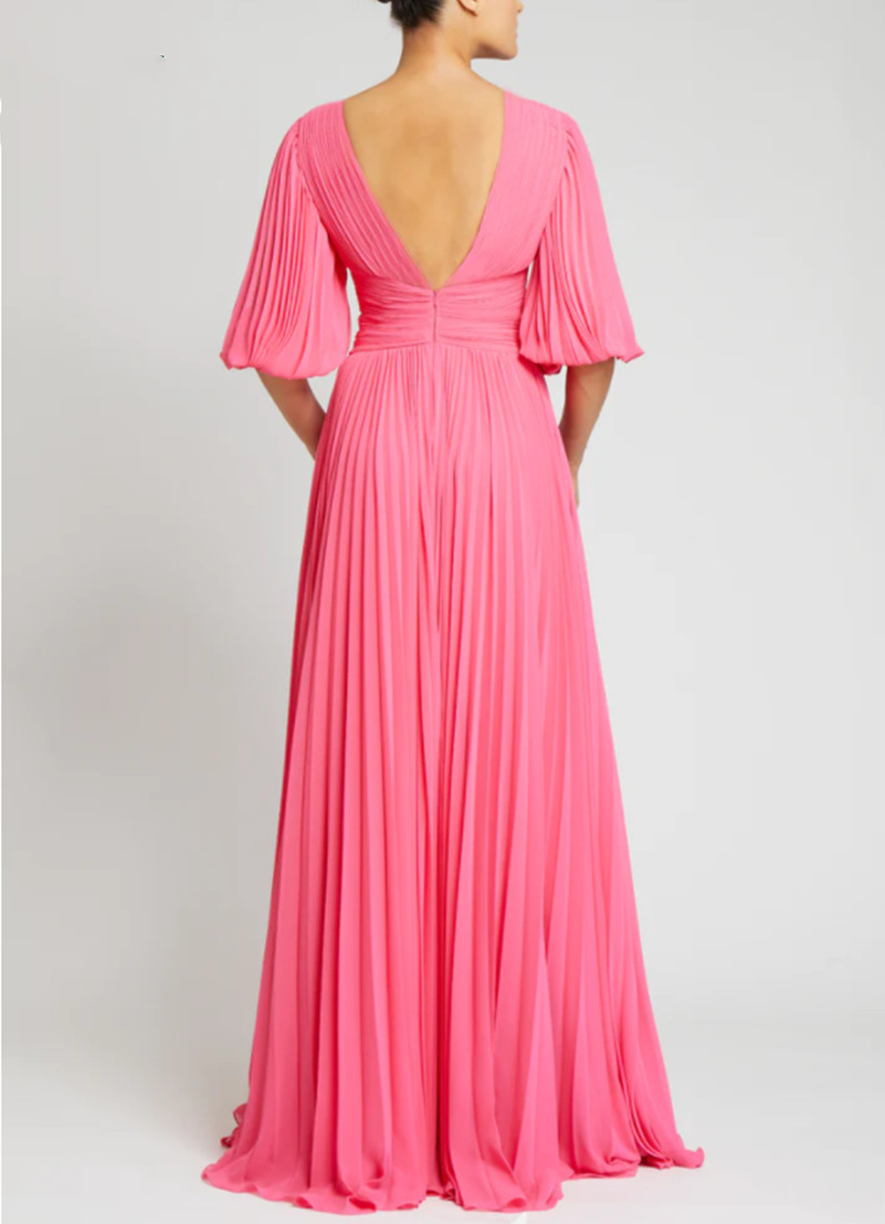 Classy Long Pink Chiffon V-Neck 3/4 Sleeve Mother of the Bride Dresses A-Line Fuchsia Royal Blue Pleated Floor Length Mom of The Groom Dress Godmother