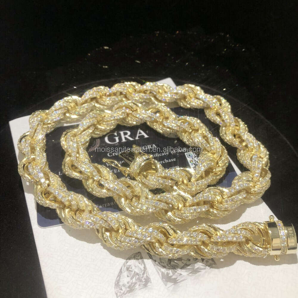 Custom Hiphop 12mm Fried Dough Twists Rope Chain Necklace 925 Sterling Silver Electroplated 14k Gold Jewelry Moissanite Necklace