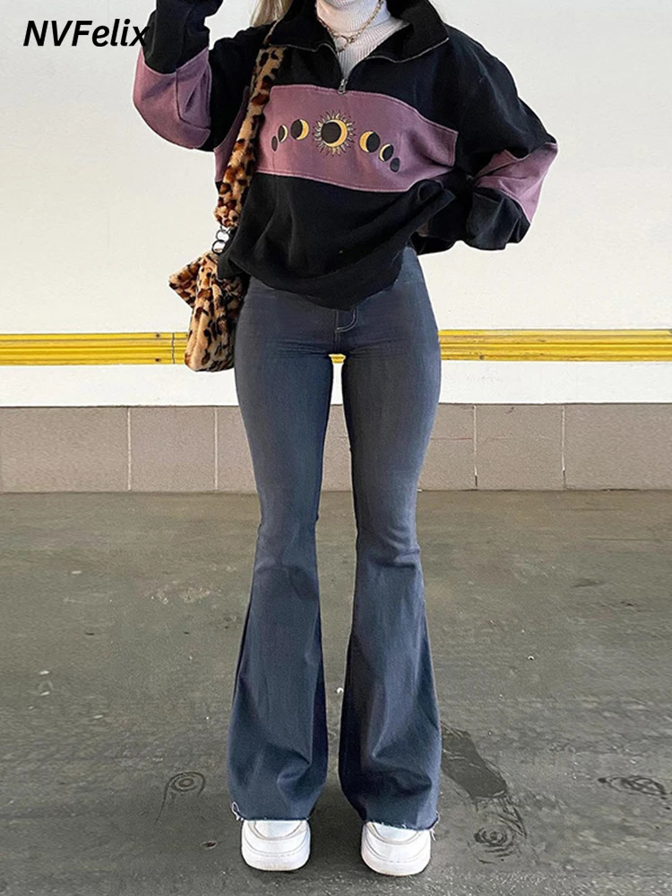 Flare Wide Leg Jeans Women Elastic High Waist Skinny Mom Denim Pants Fashion Oversize Casual Winter Trousers Streetwear 240118