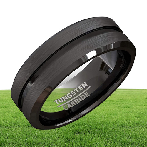 Fashion 8mm Black Tungsten Carbide Ring Gold Groove Matte Brushed Surface Beveled Edge Mens Wedding Band Comfort Fit