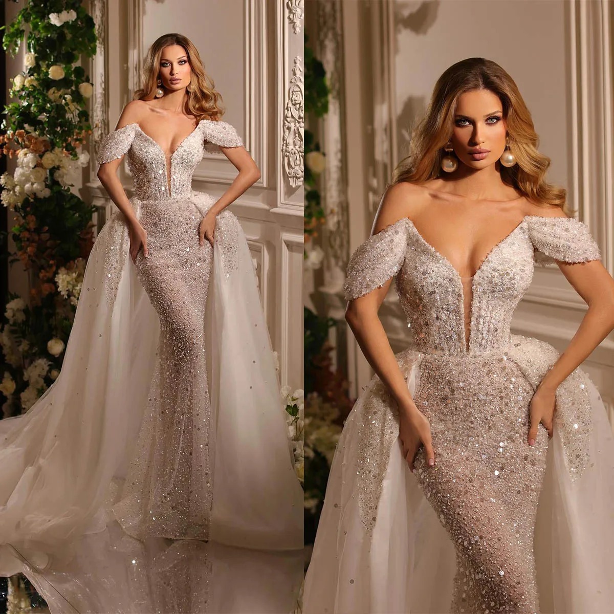 Luxury Mermaid Bridal Gowns Off Shoulder Wedding Dress with Overskirts Sequins Beaded Custom Made Bride Dresses Vestido de novia