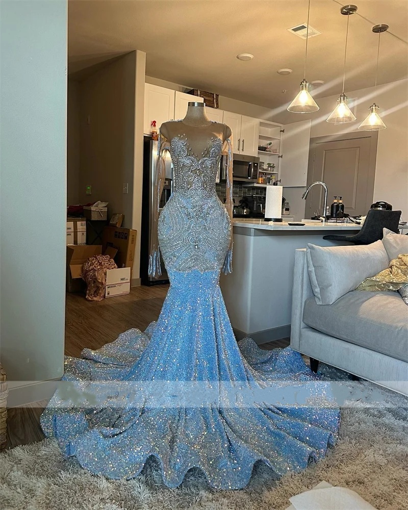 Sparkly Blue Sequined Mermaid Prom Dresses 2024 For Black Girls Long Sleeve Crystal Birthday Dress Beaded Evening Gowns 0220
