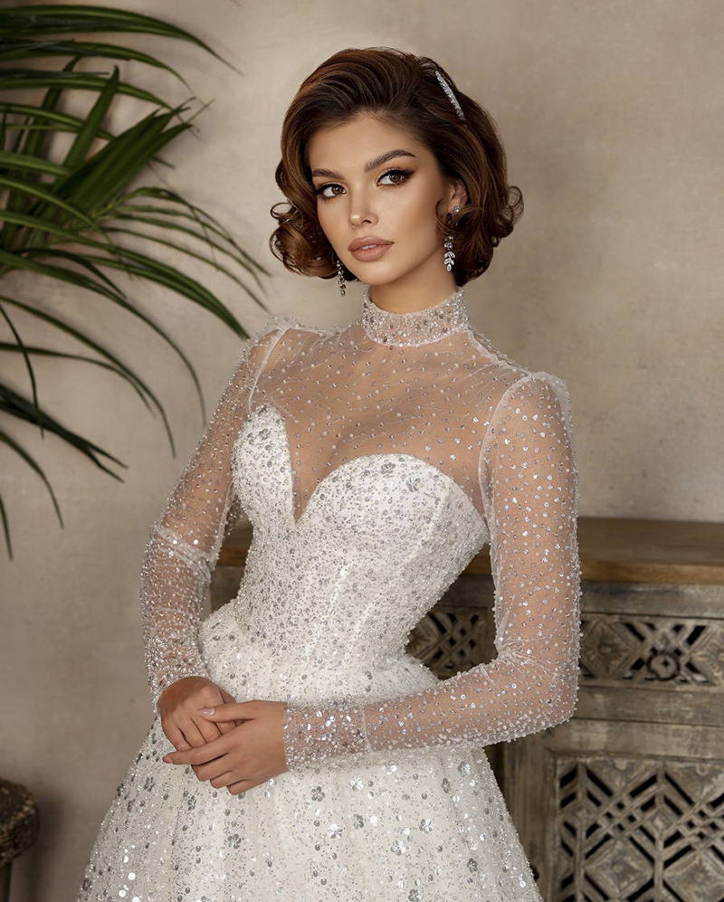 Classic A e Women Wedding High Collar Long Sleeves Bridal Gowns Sequins Sweep Train Dress Custom Made vestidos de novia
