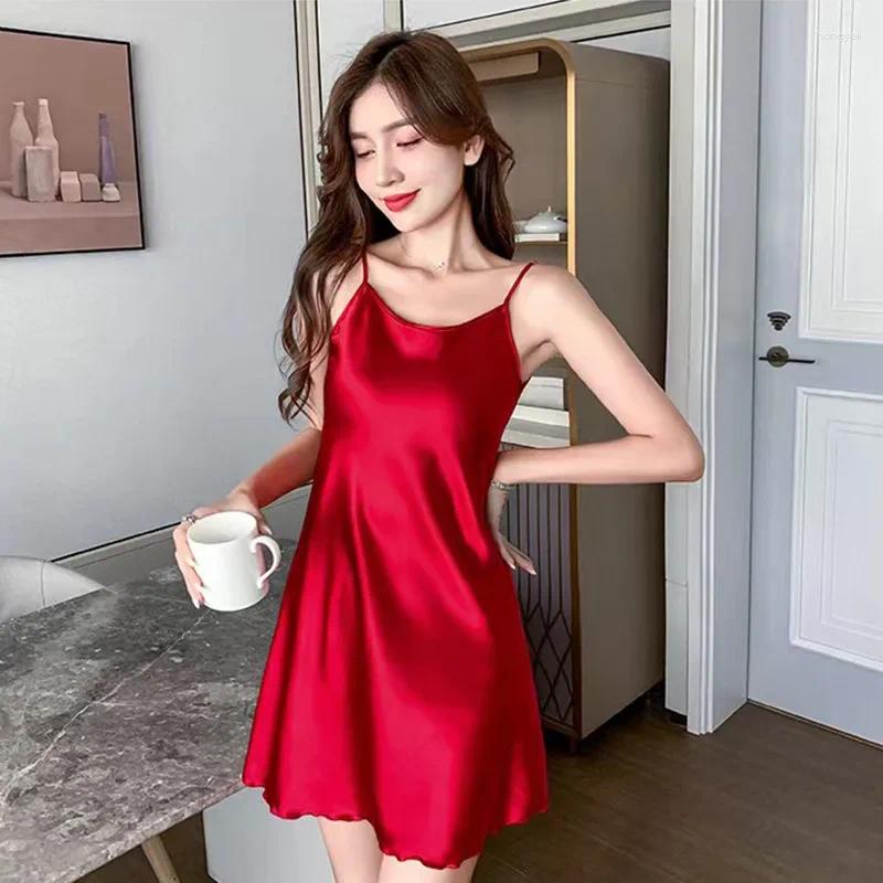 Casual Dresses Women's Sexy Pajamas Silk Suspender Nightdress Ladies Spring And Summer Ice Thin Halter Home Service Can Be Worn Outside