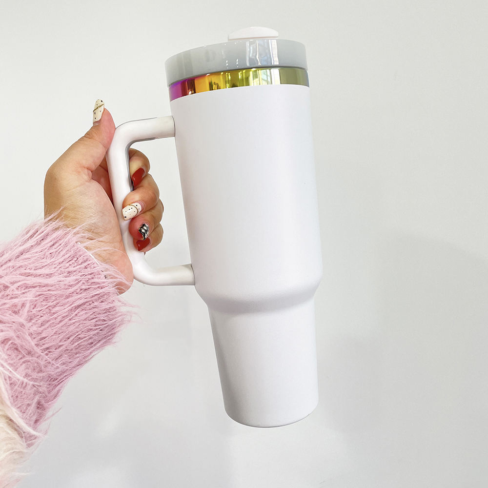 USA warehouse H2.0 40oz Rainbow plated tumbler powder coated vacuum insulated black white holographic travel mug with lid and straw for sunflower lase