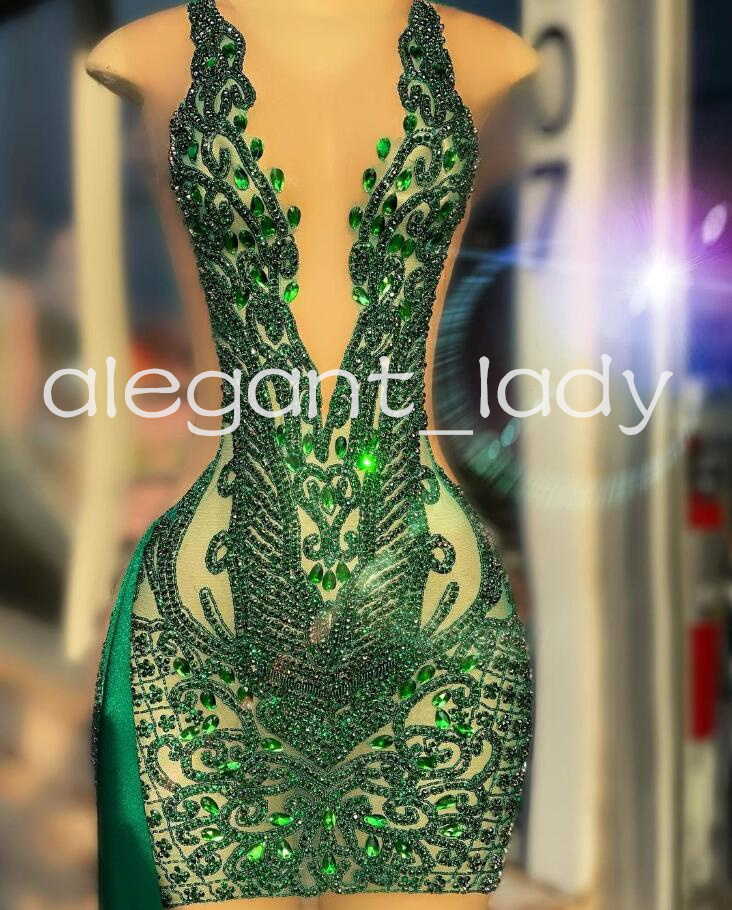 Emerald Green Sparkly Short Prom Homecoming Dresses Luxury Diamond Crystal Sheer Mesh Black Girl Birthday Gala gown 2024 evening