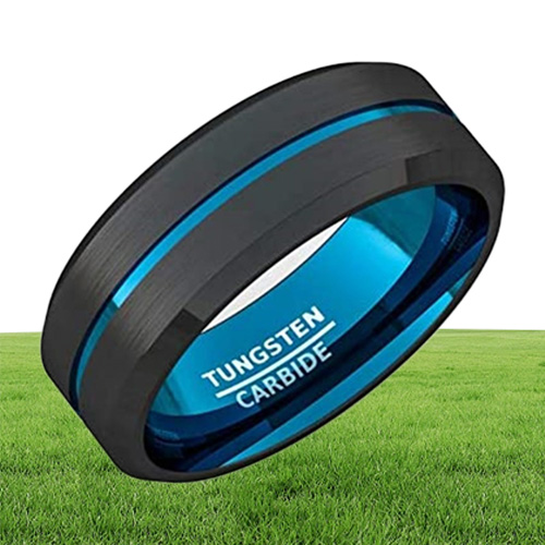 Fashion 8mm Black Tungsten Carbide Ring Gold Groove Matte Brushed Surface Beveled Edge Mens Wedding Band Comfort Fit
