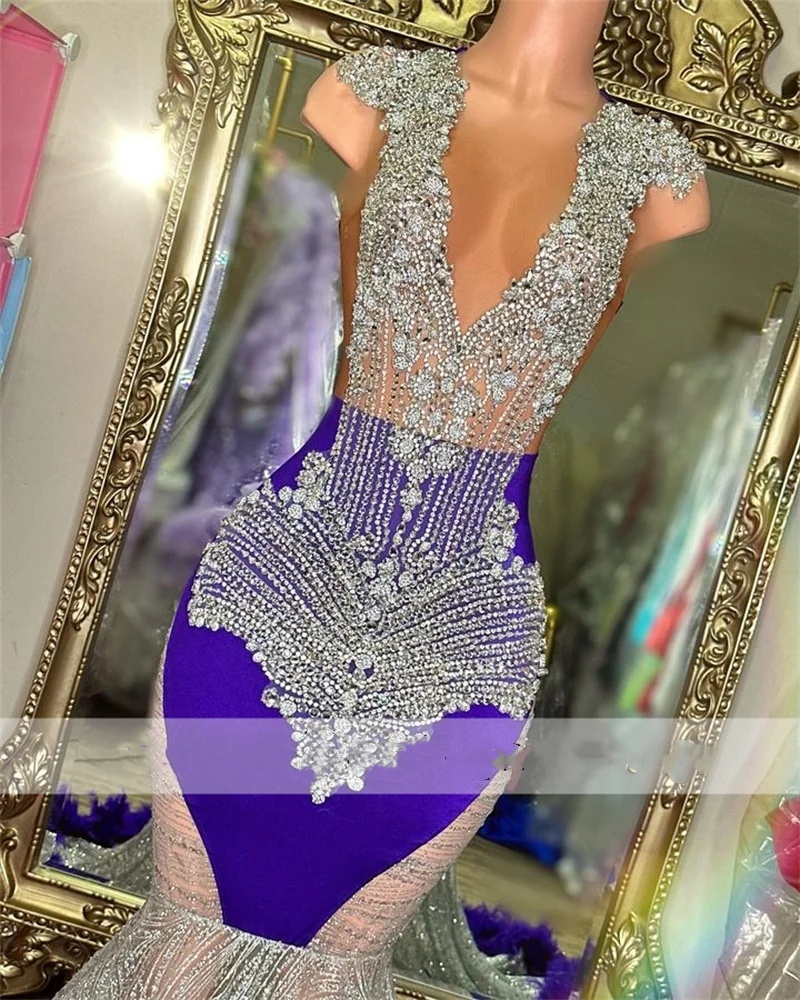Long Gorgeous Purple Prom Dresses Sparkly Crystals Rhies Beads Feathers Gown For Black Girls Birthday Party