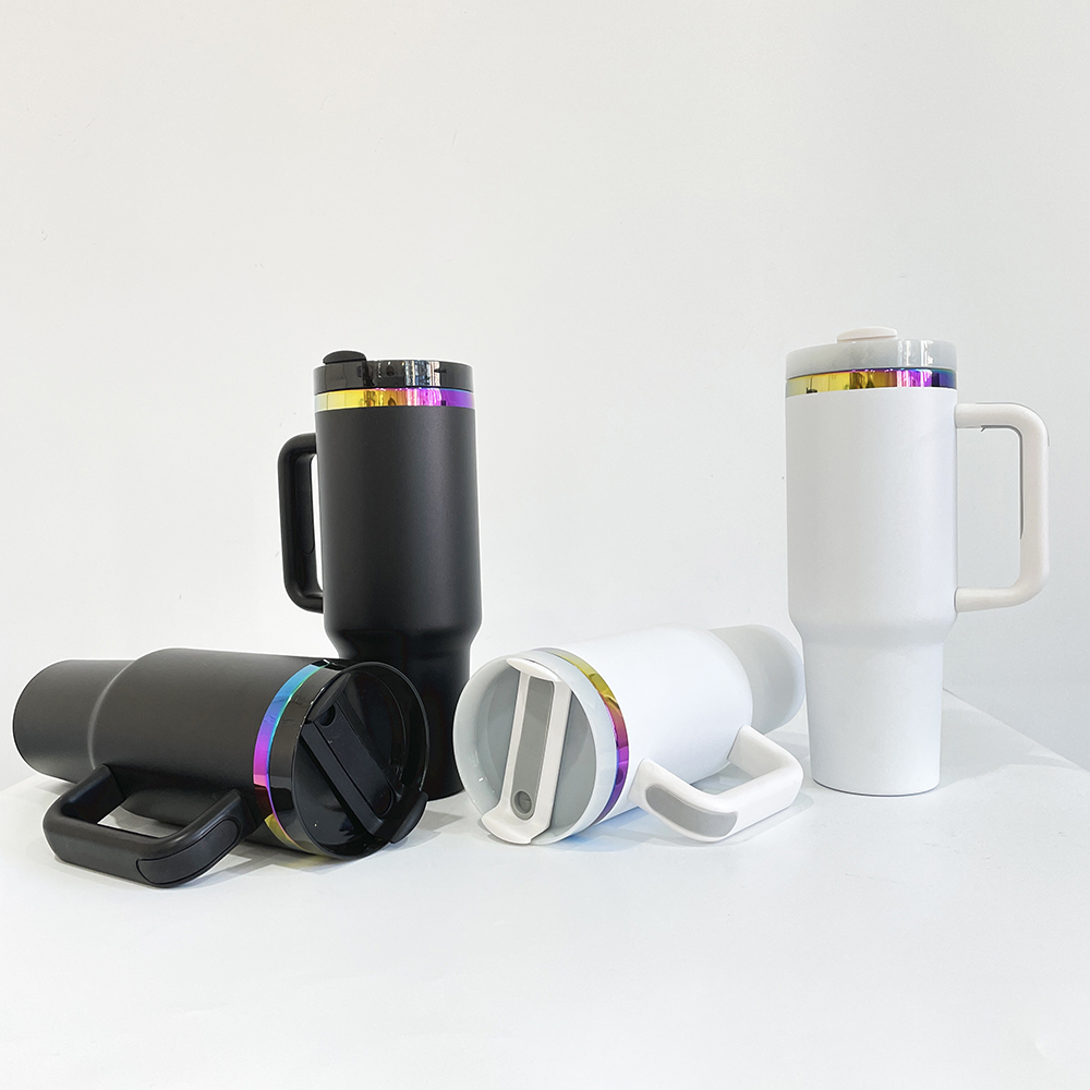 USA warehouse H2.0 40oz Rainbow plated tumbler powder coated vacuum insulated black white holographic travel mug with lid and straw for sunflower lase