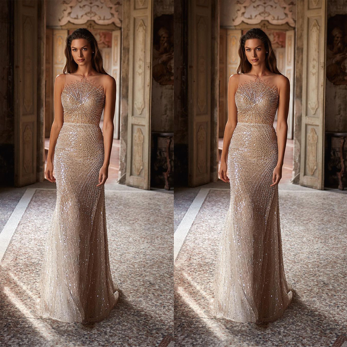 Sparkly Women Evening Dresses Sheer Neck Sleeveless Prom Gowns Sequins Sweep Train Dress For Party Custom Made Robe De Soiree