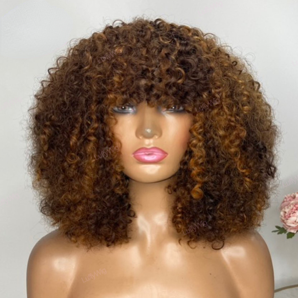 Peruvian Soft Hair Highlight Honey Blonde Afro Kinky Curly Wig Short Jerry Curly Human Hair Wigs with Bangs None Synthetic Lace Front Wigs Colored Wig