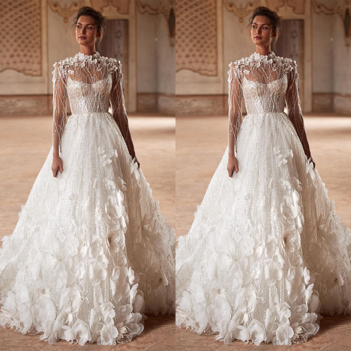 Elegant A E Women Wedding High Collar Long Sleeves Bridal Gowns Sequins 3D Appliques Sweep Train Dress Custom Made Vestidos De Novia 0218