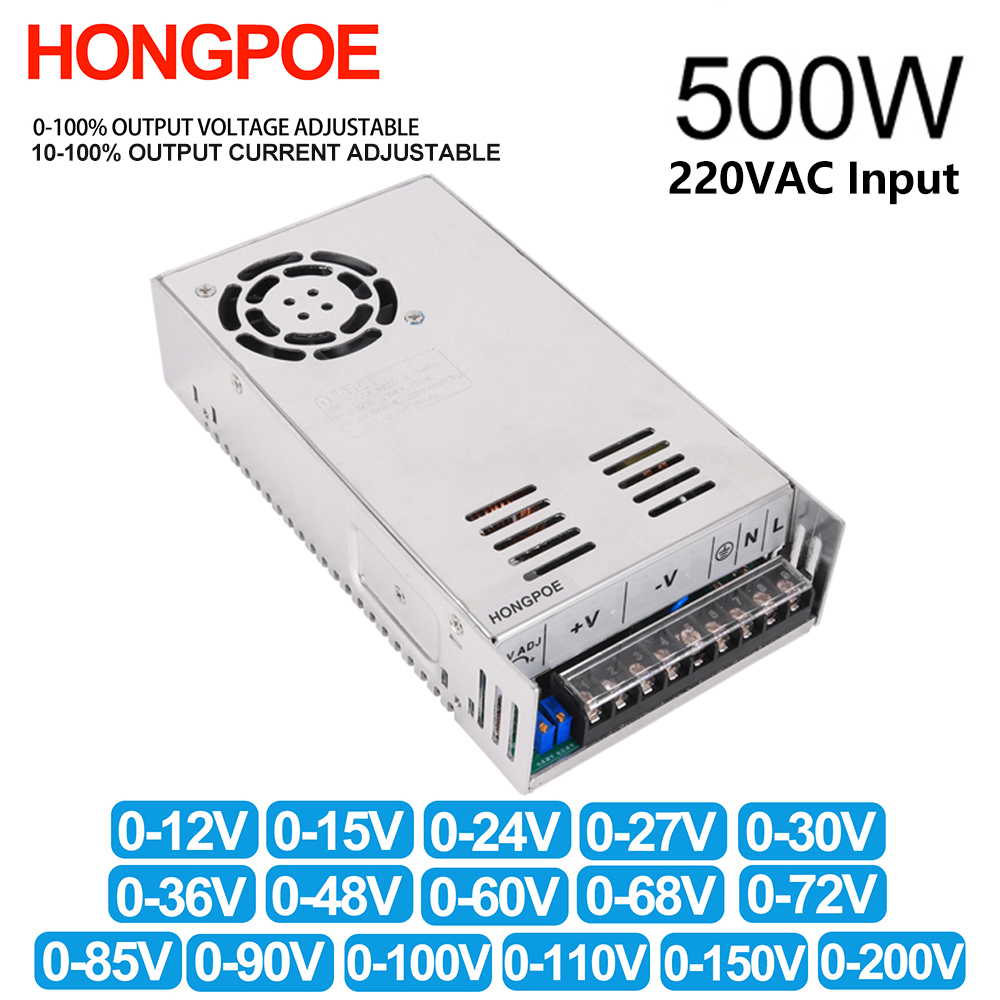 hongpoe 500w adjustable 500w power supply 012v 15v 24v 36v 48v 60v 72v 85v 90v 110v 150v 200v 110 220v ac to dc smps 220 input