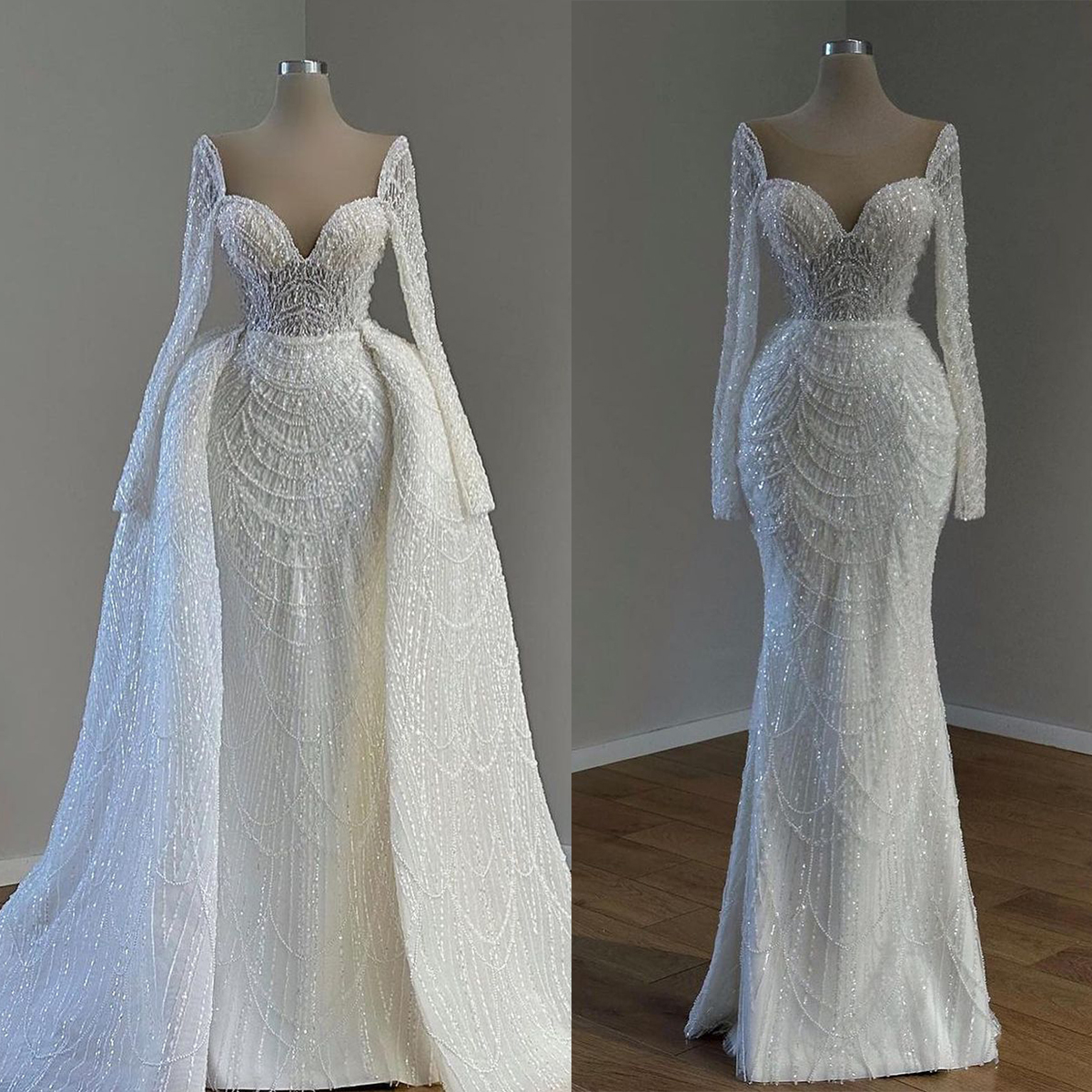 Gorgeous Mermaid Wedding Dresses Detachable Train Pearls Sequins Bridal Gowns Beaded Long Sleeve Bride Dresses Custom Made