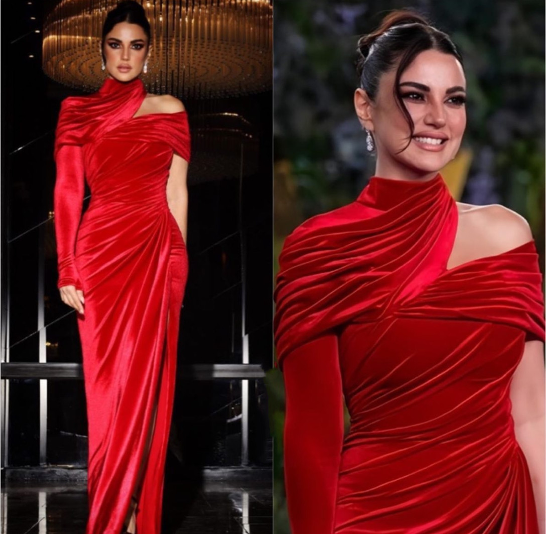 Elegant Long Red Velvet Evening Dresses with Slit Mermaid Celebrity Dresses One Shoulder Robe De Soiree Watteau Train Zipper Back Pleated Formal Gowns