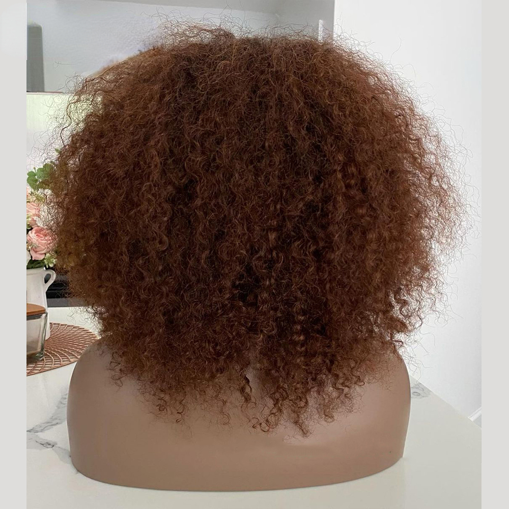 Free shipping 200density Mogolian Highlight blonde Color Short with Bangs for Black Women Kinky Curly Hair Wig Afro No Synthetic Full Lace Wigs Preplu