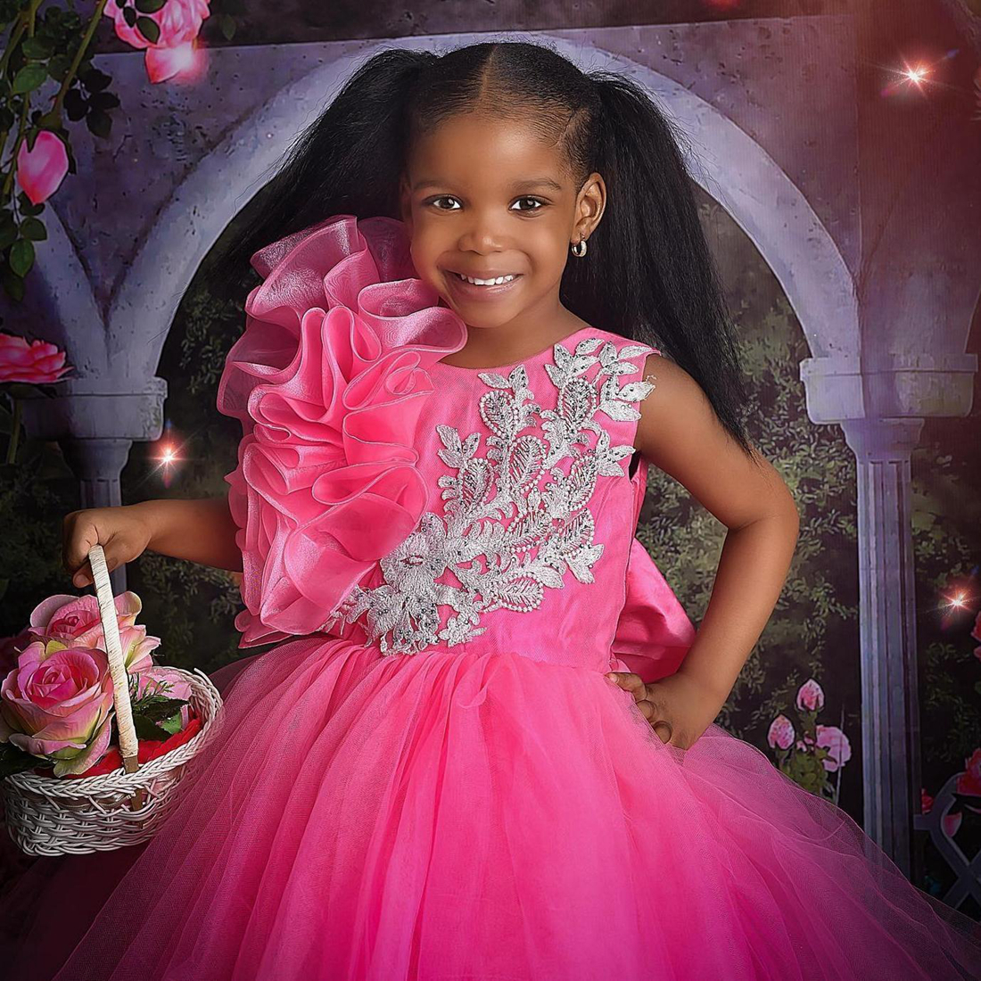 Fuchsia Little Kids Birthday Party Dresses Jewel Beaded Flower Girl Dresses Tiered Tulle Flowergirl Dress 1st Party Gowns Knee Length Commuication Dre