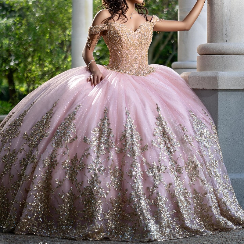 Pink Glittered Off the Shoulder Quinceanera Dress 2026 Gold Applique Lace Beading Vestidos Prom Vestidos De Baile Gown Sweet 15 16