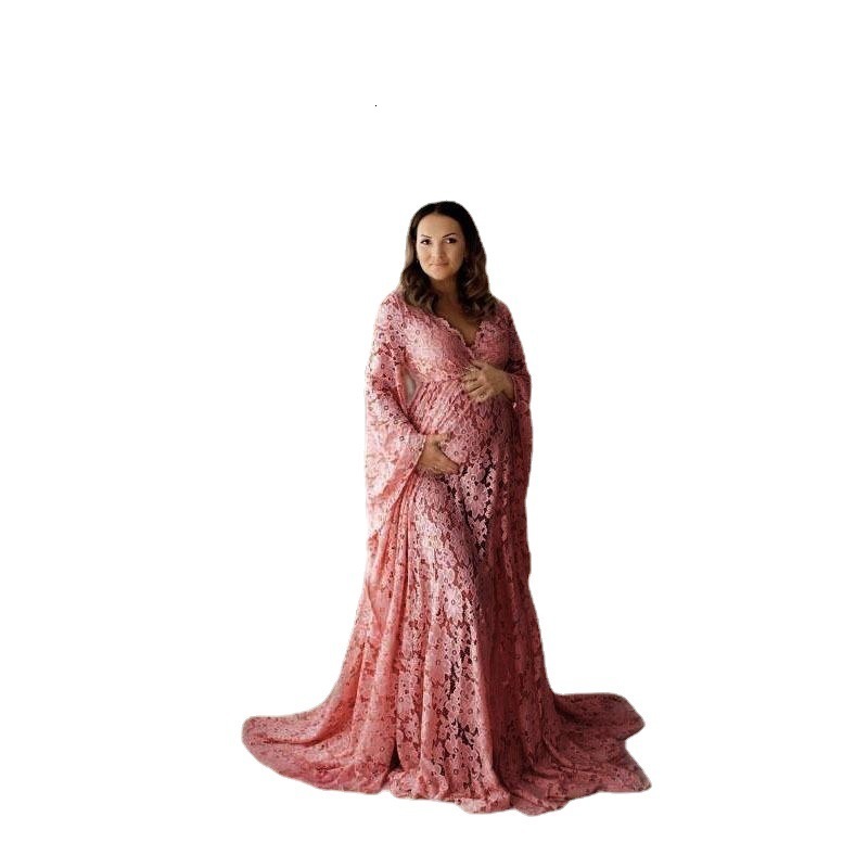 Long mesh lace deep V-shaped large skirt for pregnant women flared sleeves with lace up and a trailing dress 231006