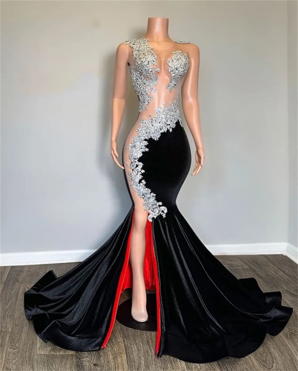 Sexy Black Velvet Evening Pageant Dress For Women Sheer Sliver Beaded Lace Appliques Mermaid Prom Formal Gowns African Robe De Soiree